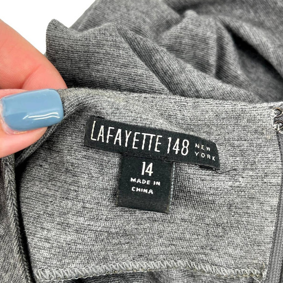 Lafayette 148 Gray Ruffle Front Stretchy Sheath Dress Size 14 EUC - Picture 2 of 6